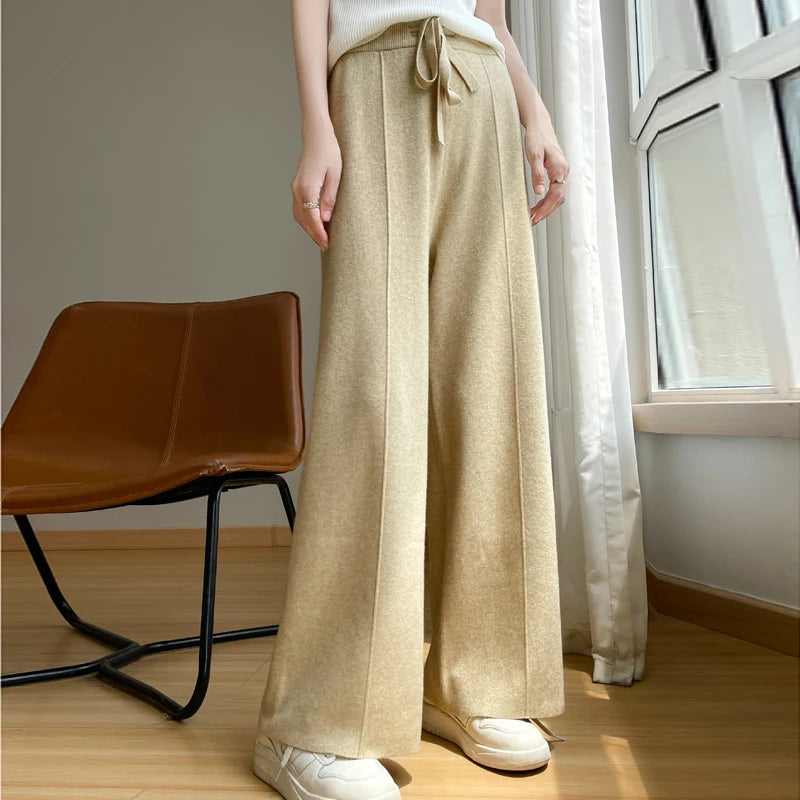 2024 Women's Cashmere Pants Sports Pants Women's Autumn and Winter High Waist Drawstring Warm Pants Knitted Cashmere Warm Pants
