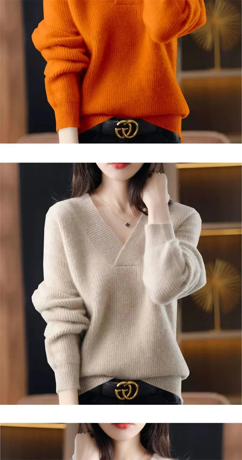 Cashmere Sweater Women's 100% Wool Sweater Fashion V-neck Knitted Pullover 2024 Winter and Autumn New Loose Solid Soft Sweater