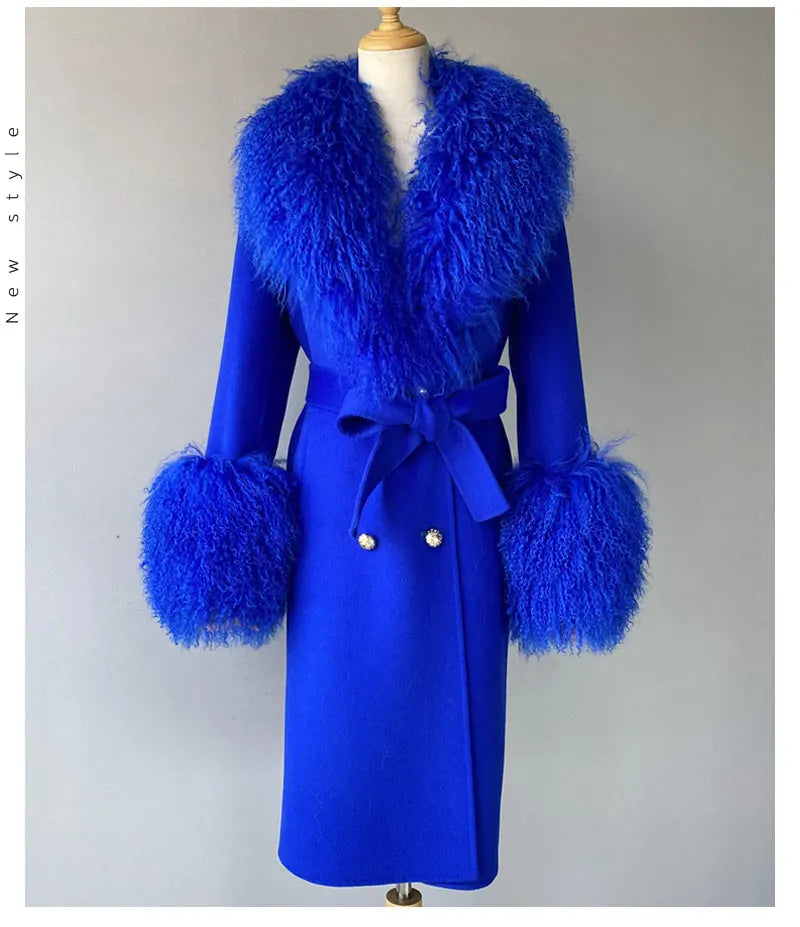Women Cashmere Wool Coat With Real Mongolian Sheep Fur Collar  Ladies Autumn Winter Fashion Long Outwear Full Sleeve Fur Jacket