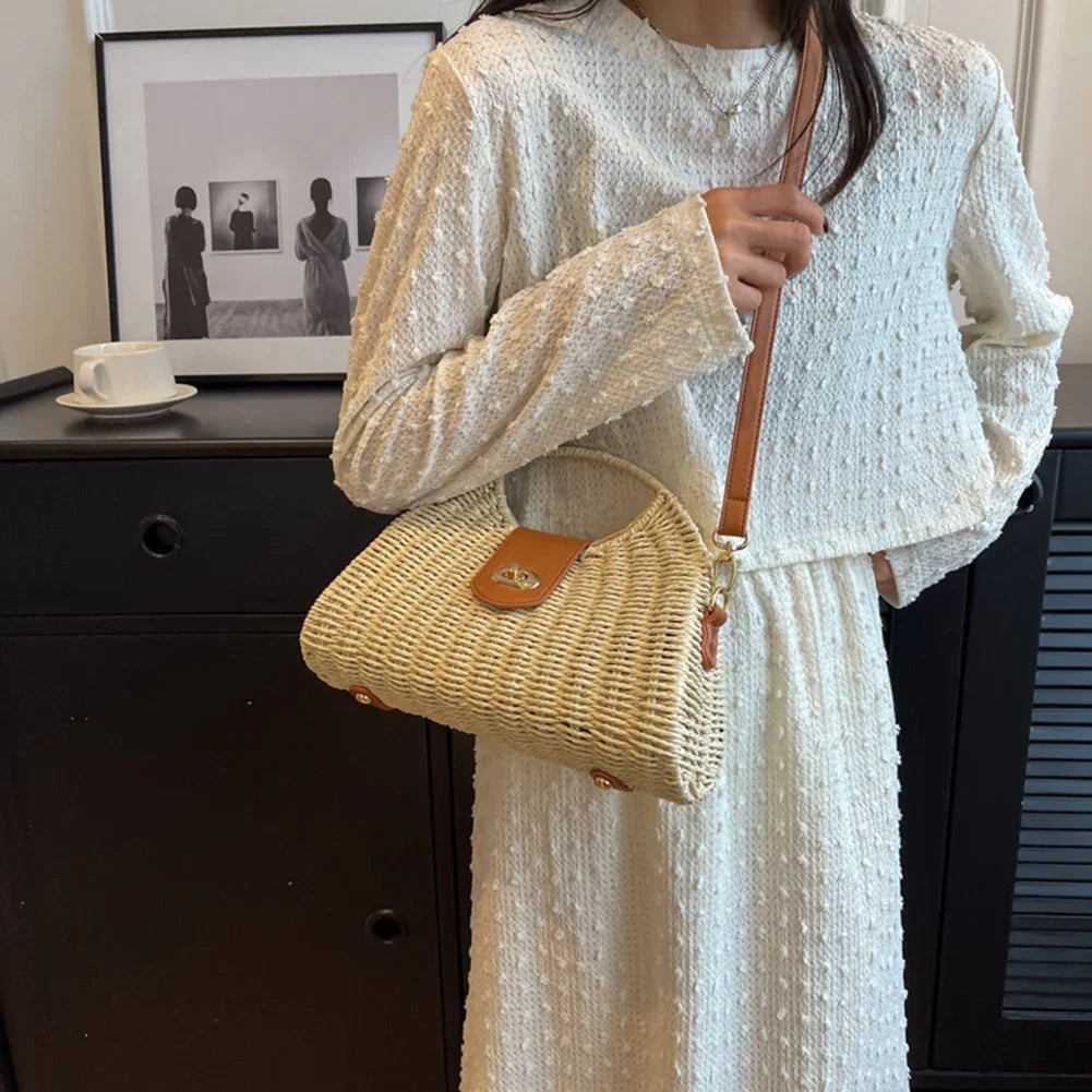 Women Crossbody Bags Summer Woven Shell Female Holiday Tote Bag Handmade Fashion Casual Simple Elegant Lady Straw Bag
