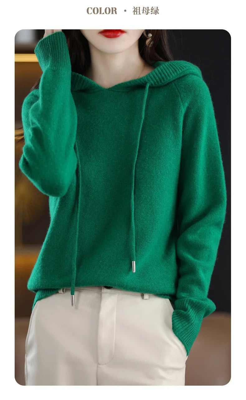 Cashmere Hooded Sweater Women Autumn Winter Long Sleeve Solid Color Knitted Hoodies Lady Loose Drawstring Casual Pullover Hoodie