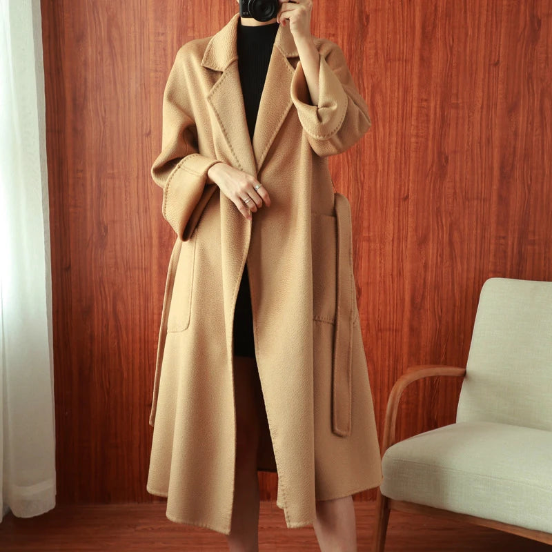 Women Double-Sided 20% Cashmere Wool Coat Jacket Women Long Beautiful Woolen Winter Autumn Warm Fashion Water Ripple Cloak