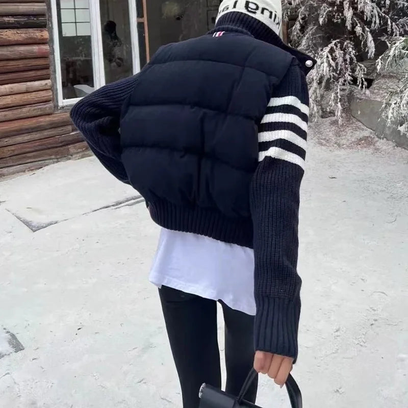 Womens Jacket Stand Collar Quilted Patchwork Knit Sleeves Casual Versatile Jacket Essential Autumn And Winter Item Trafizaran