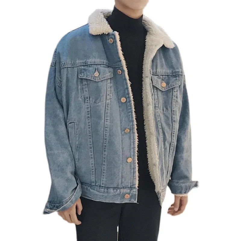 Winter Lamb Wool Denim Jacket for Men Korean Version Trendy Versatile Velvet and Thickened Cotton Men's Jacket Handsome Coat