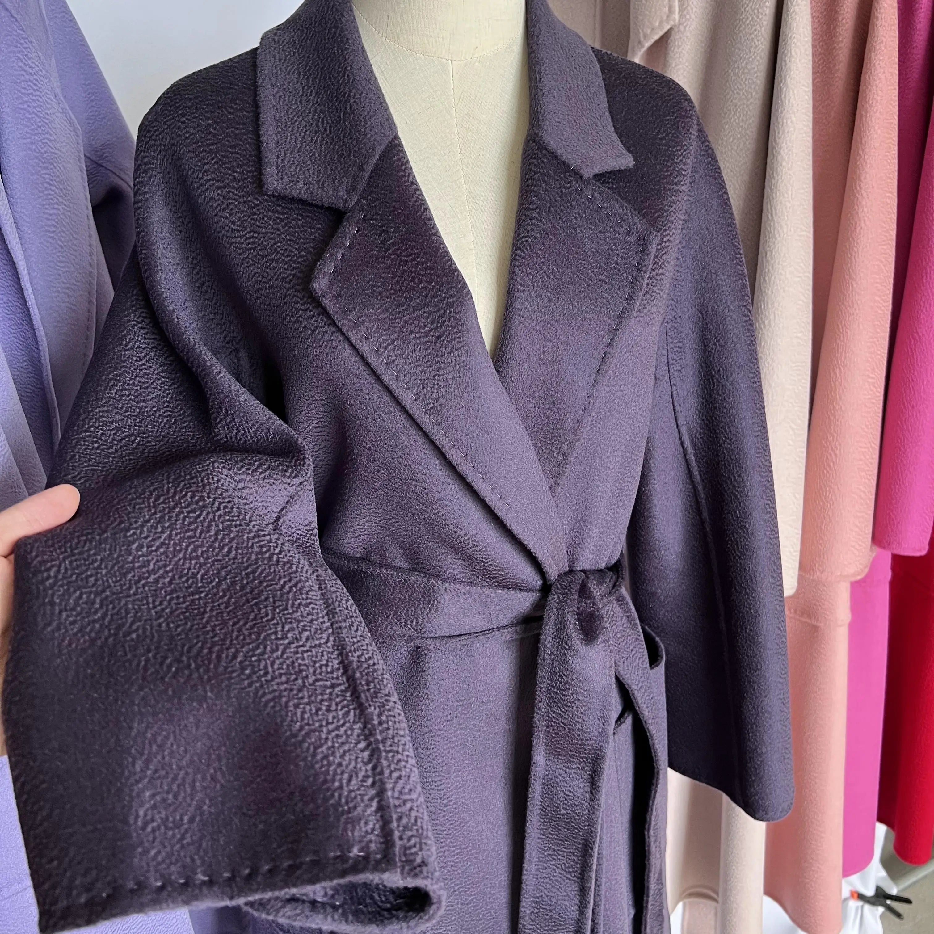 Cashmere Coat Female Winter Mid-Length Corrugated Coat Black Wool Coat Woman Autumn New Casual Fashion Red Beige Lace-Up Coat