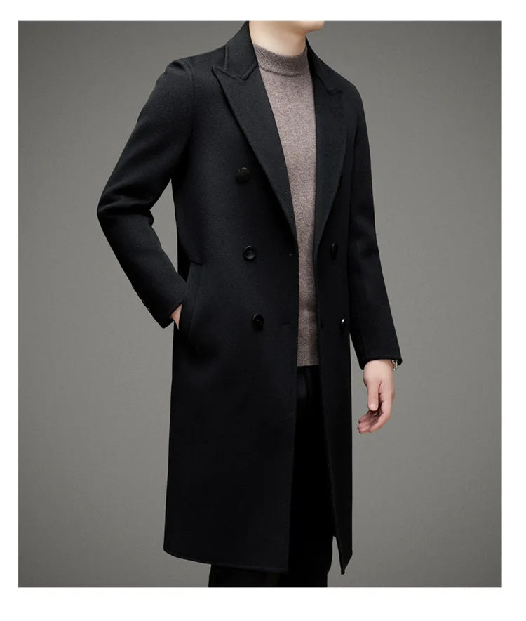 High-end Men's Double-breasted Wool Coat Fashionable Long Wool Knee-length Casual Suit Jacket for Men Peak Lapel Customized Coat