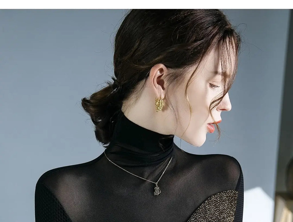 Women's Clothing Sexy See Through Mesh Patchwork Black Basic T-Shirts High Collar Elegant Chic Bright Silk Long Sleeve Slim Tops