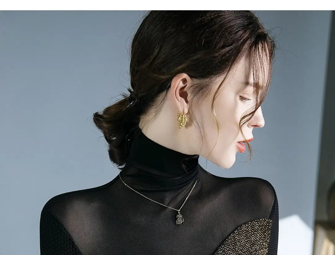 Women's Clothing Sexy See Through Mesh Patchwork Black Basic T-Shirts High Collar Elegant Chic Bright Silk Long Sleeve Slim Tops