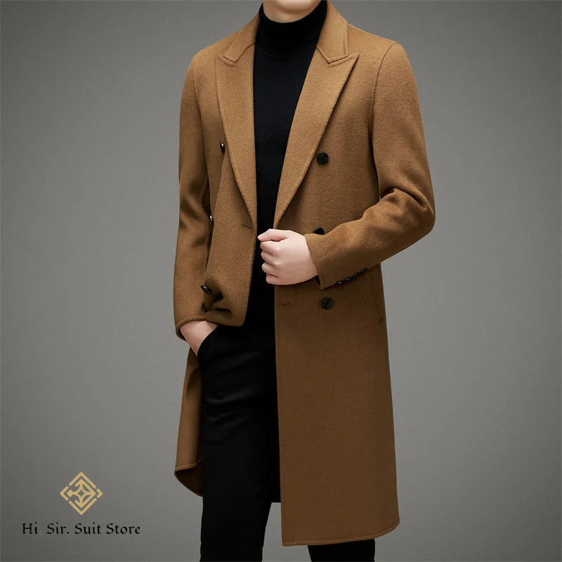 High-end Men's Double-breasted Wool Coat Fashionable Long Wool Knee-length Casual Suit Jacket for Men Peak Lapel Customized Coat