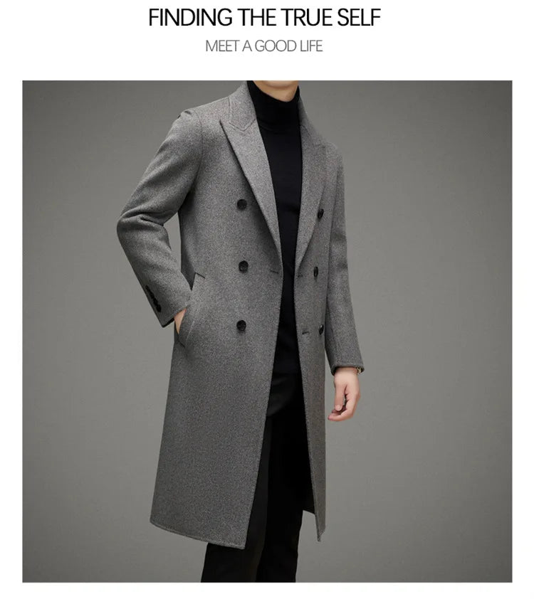 High-end Men's Double-breasted Wool Coat Fashionable Long Wool Knee-length Casual Suit Jacket for Men Peak Lapel Customized Coat