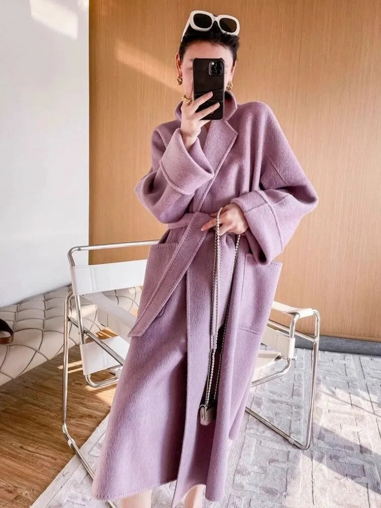 Purple Double-Sided Cashmere Coat For Women In Autumn And Winter, Fashionable And High-End, Loose And Medium Length Coat