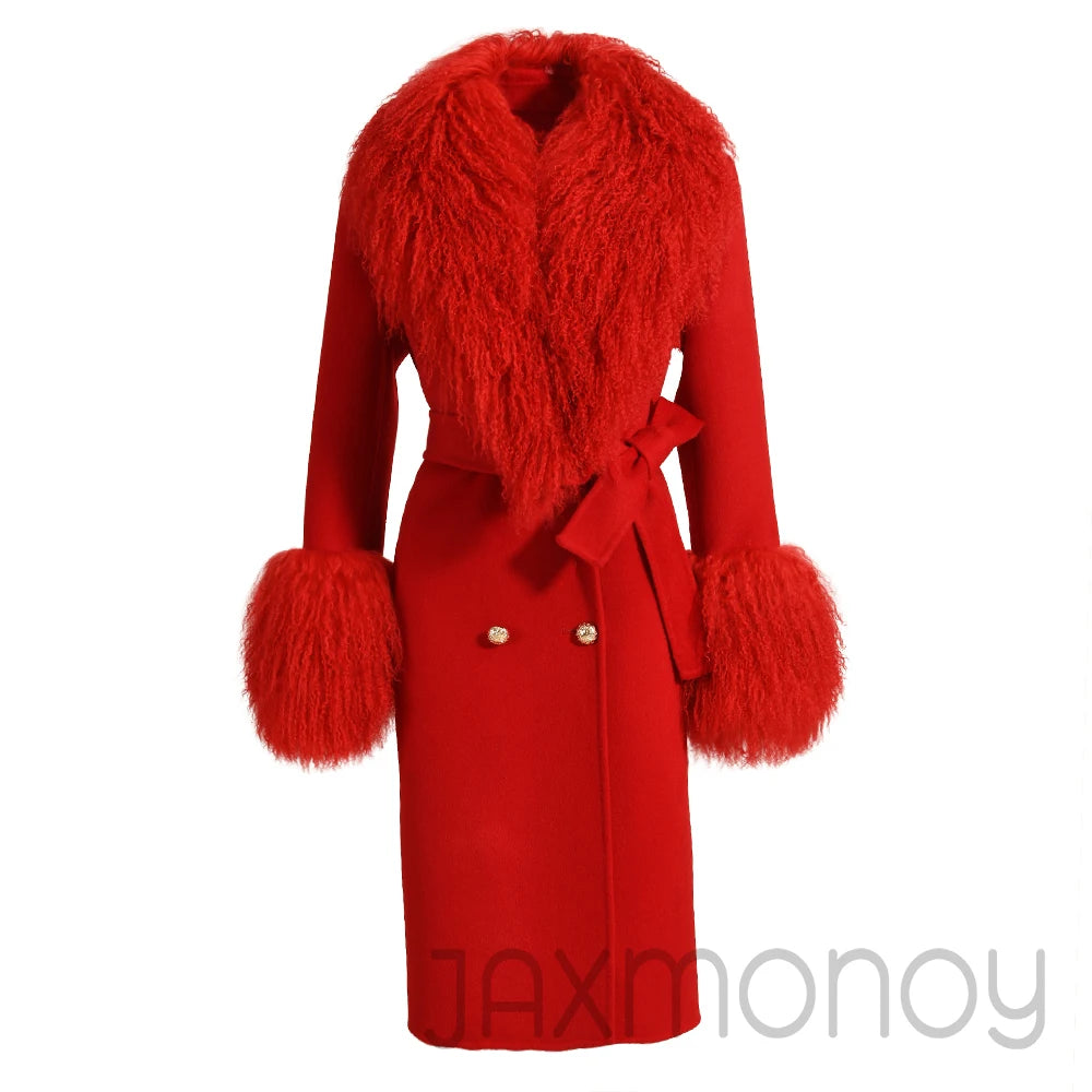 Women Cashmere Wool Coat With Real Mongolian Sheep Fur Collar  Ladies Autumn Winter Fashion Long Outwear Full Sleeve Fur Jacket