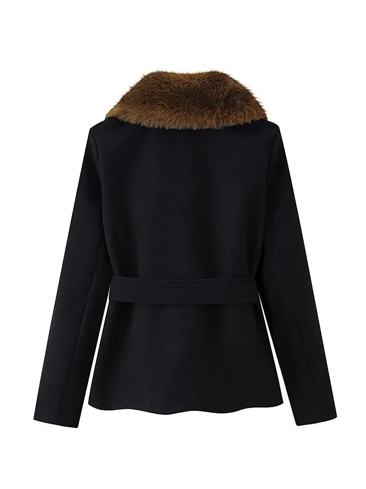 HH Women's Winter Fashion Coats Black Turn-Down Collar Long Sleeves Pockets Belt Decoration Female Elegant Slim Elegant Coat