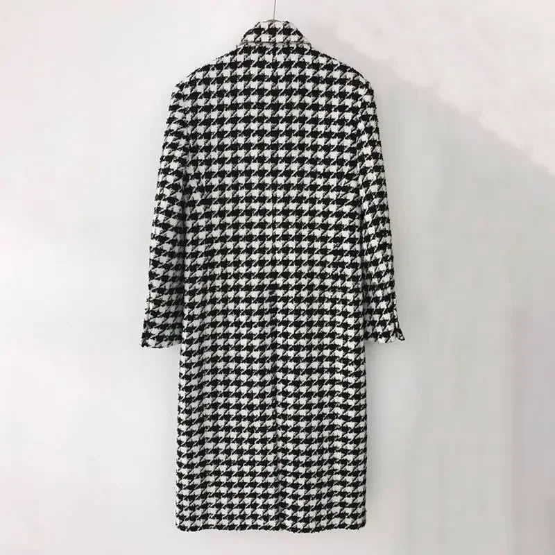 Women Autumn Winter Woolen Coat 2025 New Women Double Breasted Coat Korean Houndstooth Mid-Length Woolen Coat Lady Winter Jacket