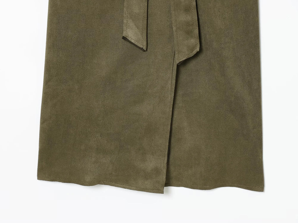 2025 Winter New Women's Casual Fashionable Simple Lapel Double-Breasted Long Trench Coat with Belt and Suede