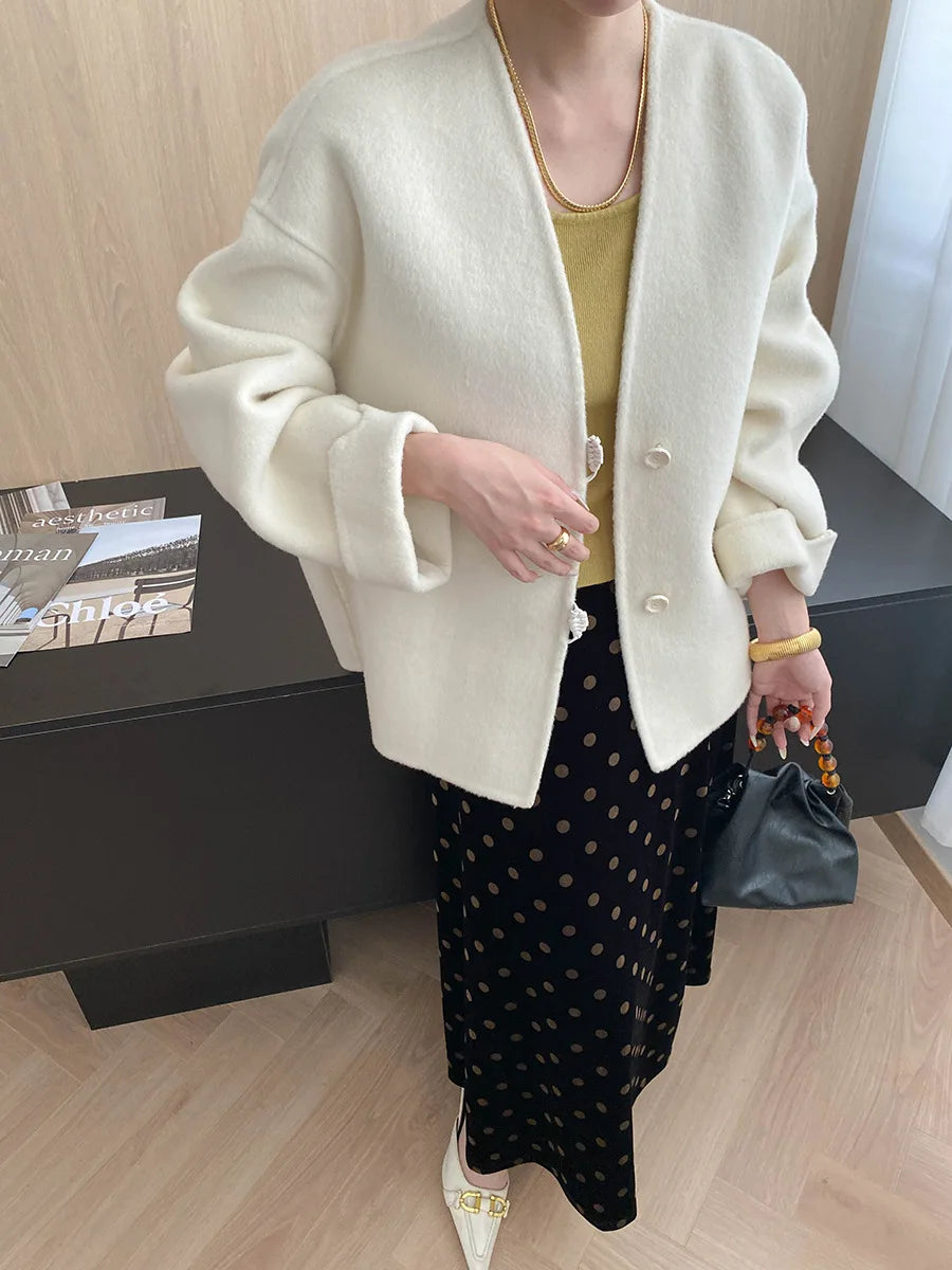 Winter women's casual solid color V-neck double-sided woolen coat jacket