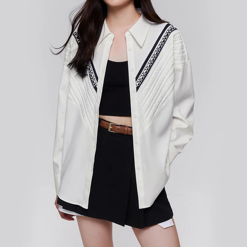 Women's Shirt Casual Fashion Knitted Patchwork Striped Shirt New Solid Color Street Style Single Breasted Office Ladies Shirt