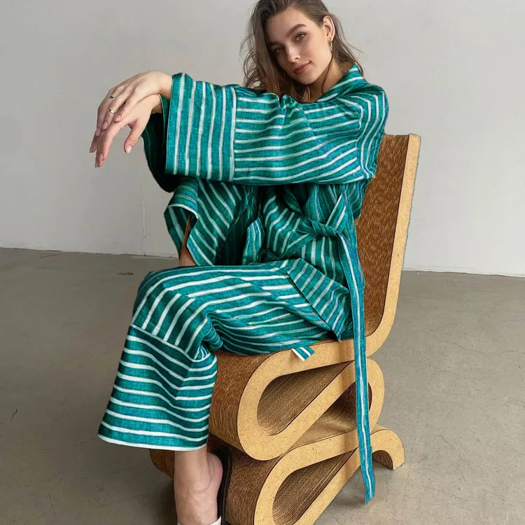 Women's Clothing 2025 Autumn New Striped Long-sleeved Loose Lace Top High Waist Trousers Fashionable Casual Suit