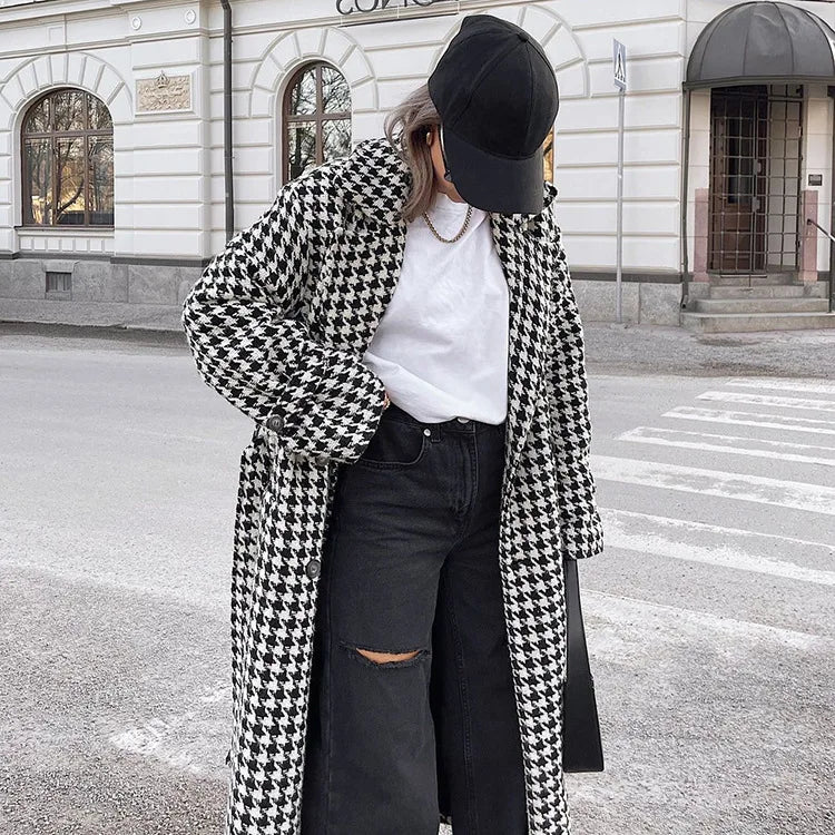 Long Coat Women Coats Work Turn Down Collar Houndstooth Thick Work Trench Streetwear Elegant Jackets Open Stith Autumn Winter