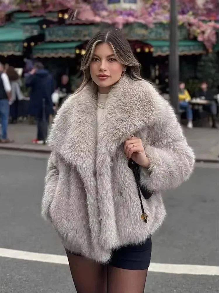 HH Winter Women Casual Faux Fur Lapel Jackets Fashion Solid Oversized Thick Coats Female Fuzzy Warm Long Sleeves Outerwear