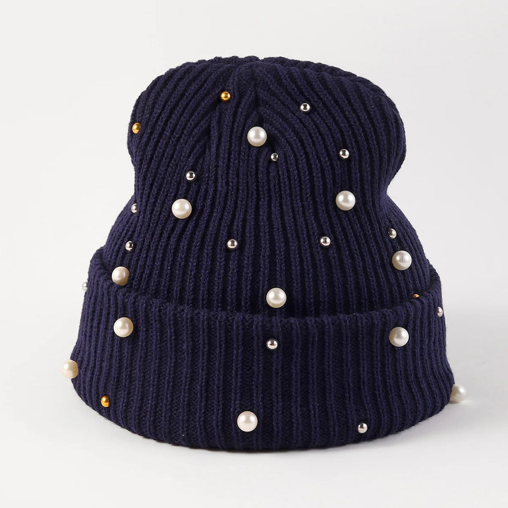 New Autumn And Winter Woolen Hat For Women, Fashionable Pearl Embellishment, Winter Warm Knitted Hat