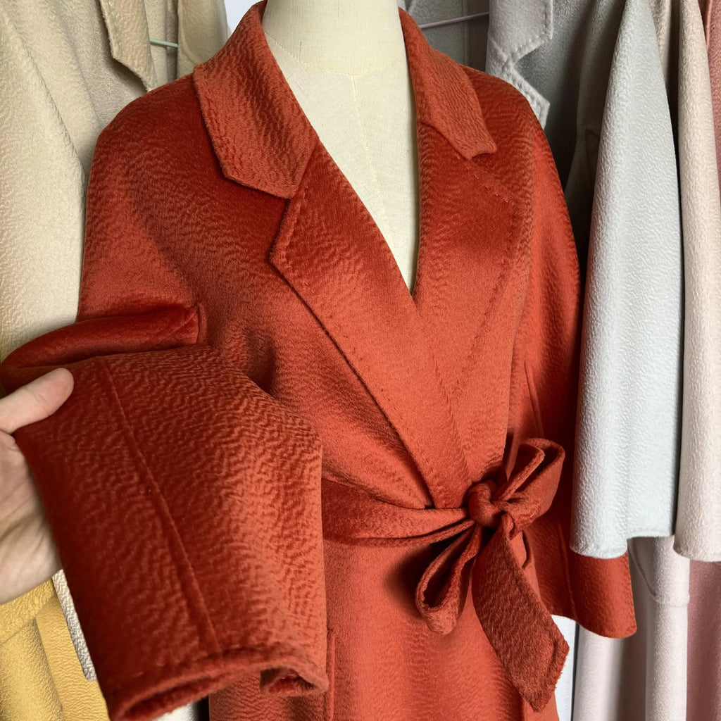 Cashmere Coat Female Winter Mid-Length Corrugated Coat Black Wool Coat Woman Autumn New Casual Fashion Red Beige Lace-Up Coat