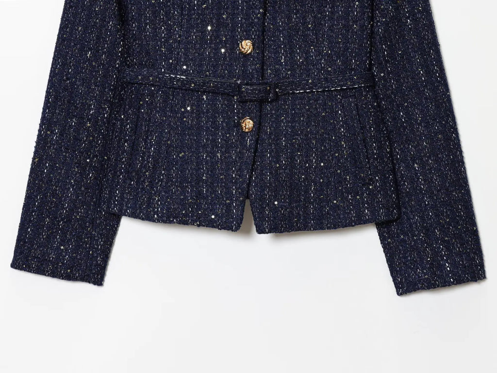 BSAY tweed jacket with belt women's clothing autumn winter new Round long sleeved button up outerwear chic France short coats