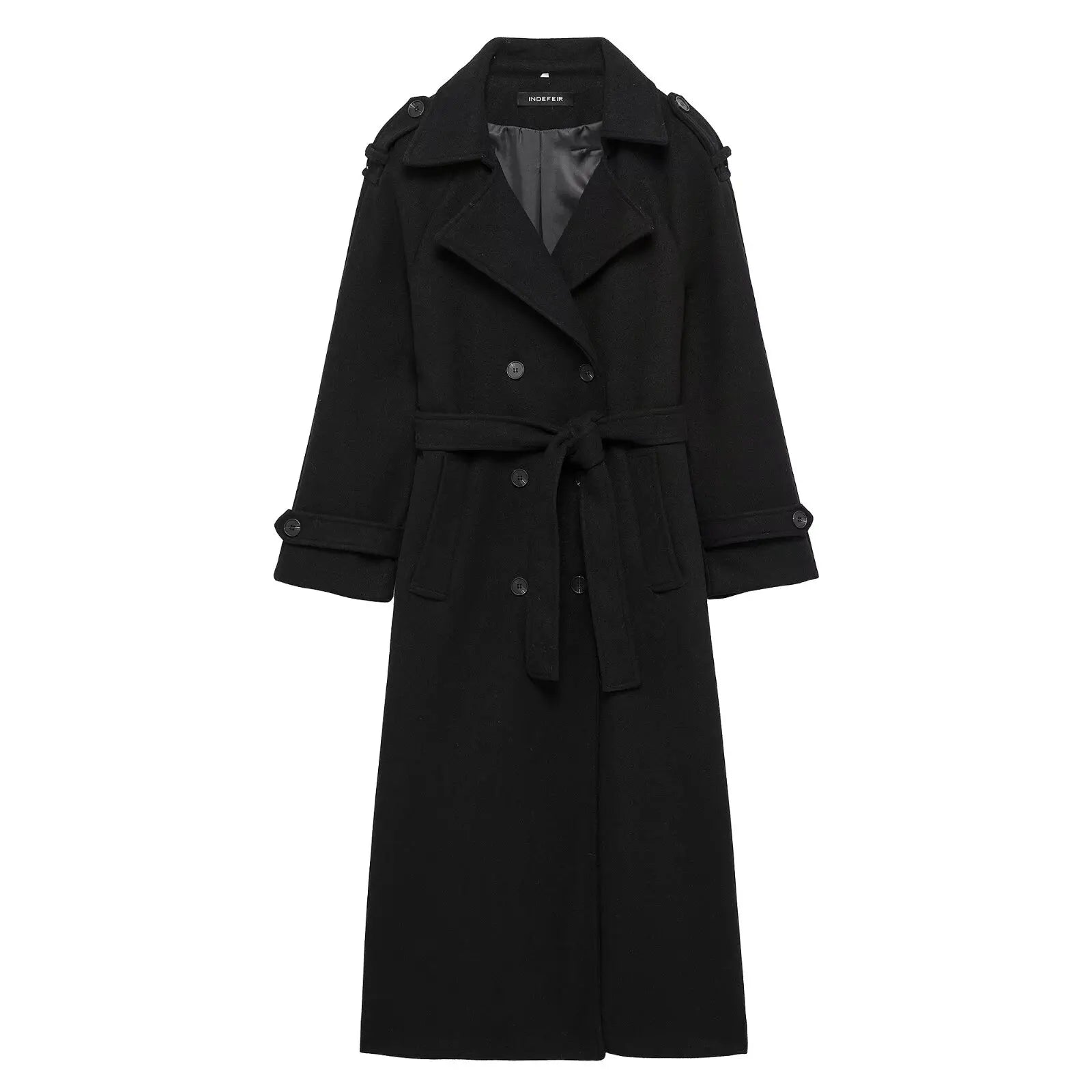 HH Winter Elegant Women Turn-Down Collar Long Coat Solid Long Sleeves Pocket Belt Double-Breasted Female Slim Windbreaker Coats