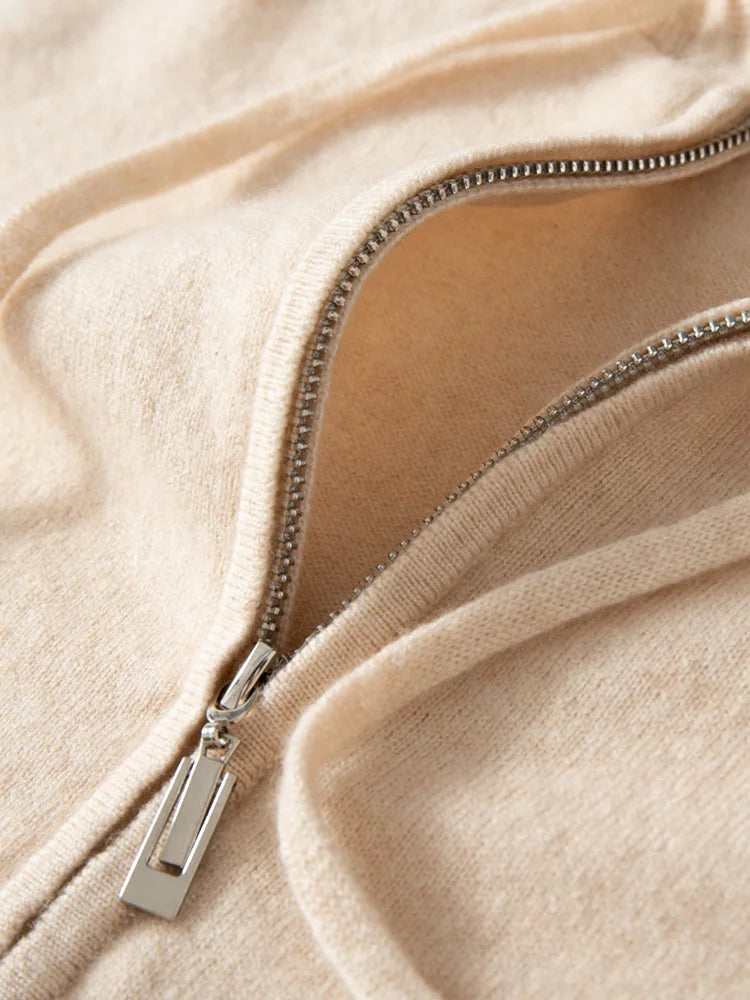 New Women 100% Cashmere Sweater Hooded Zipper Cardigan Cashmere  Autumn Winter Soft Long Sleeve Casual Simple Style Clothing Top