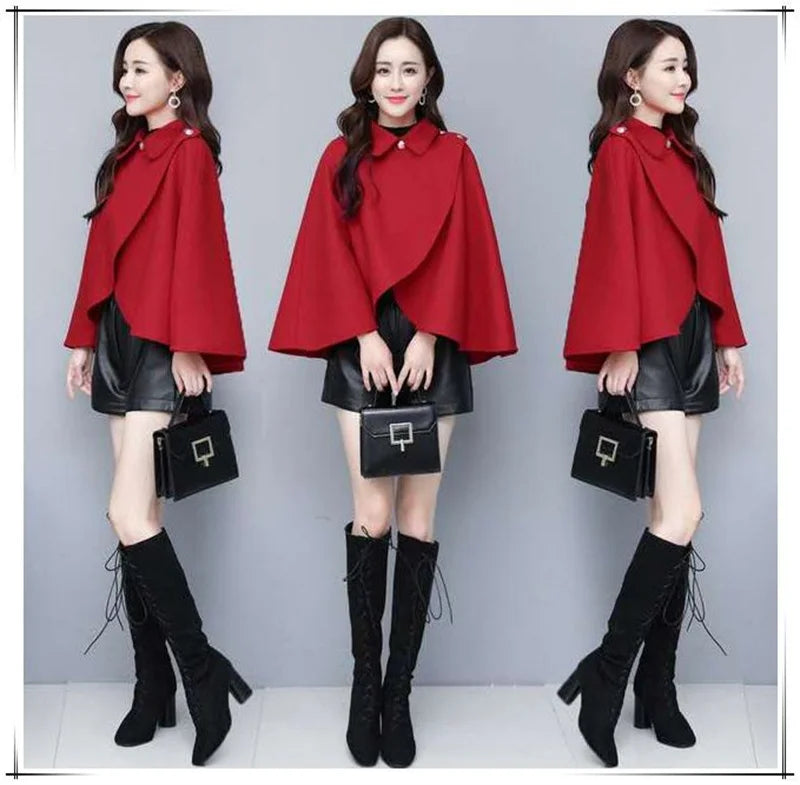Fashion Woolen Shawl Coat For Women 2025 Autumn Winter New Woolen Jacket Short Outerwear Cape Red Black Coat Tops Female