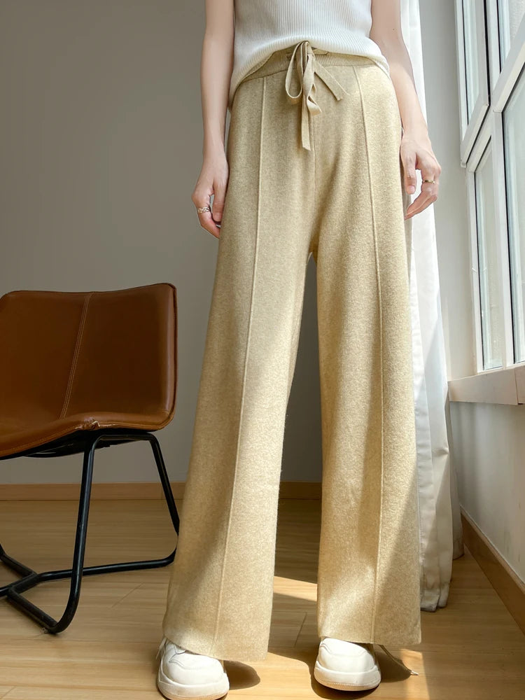 2024 Women's Cashmere Pants Sports Pants Women's Autumn and Winter High Waist Drawstring Warm Pants Knitted Cashmere Warm Pants