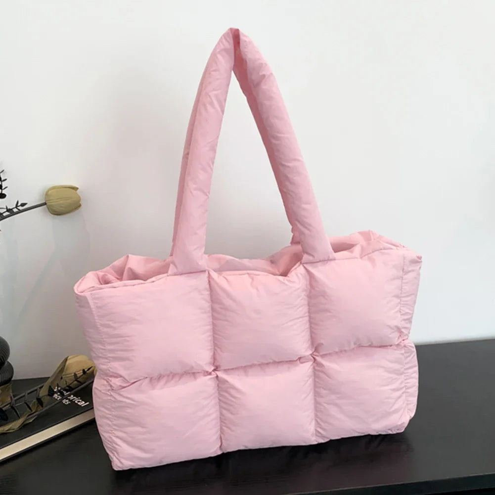 Women Padded Handbag Solid Color Quilted Single Shoulder Bag Large Capacity Soft Cloud Tote Bag Trendy Commuting Bags
