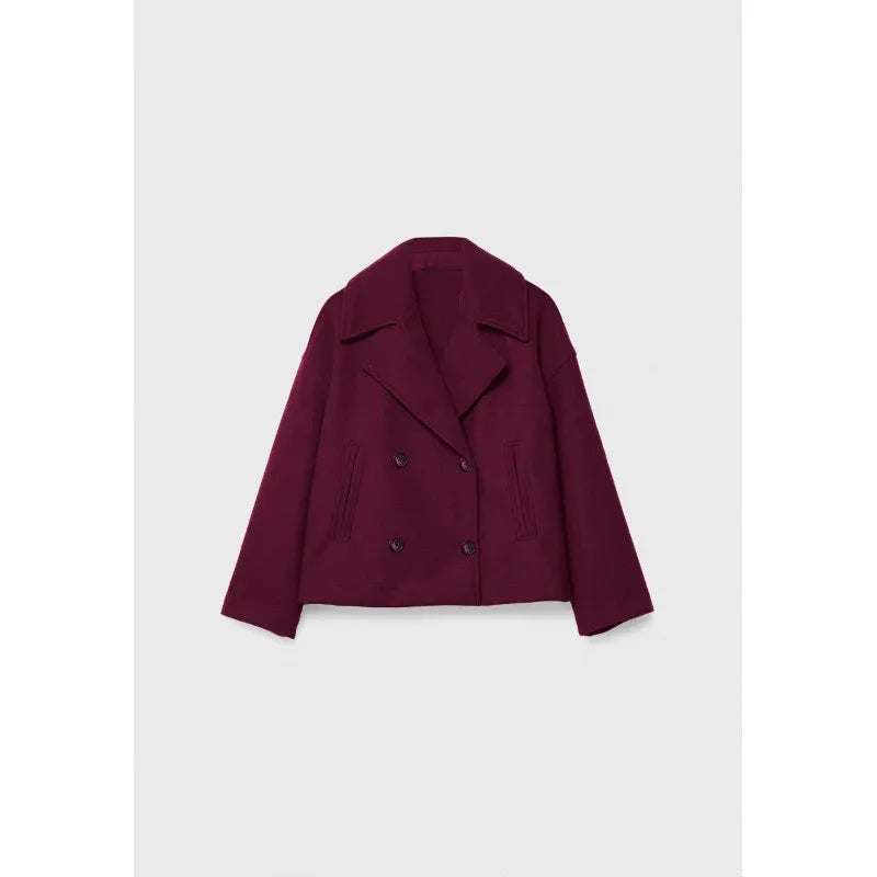 Women Wool Coats Elegant Short Coat Double Breasted Long Sleeve Jackets Blends Solid Casual Pockets Jacket Office Lady Autumn