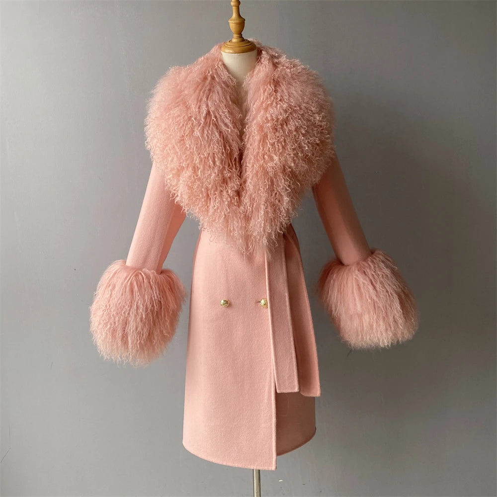 Women Cashmere Wool Coat With Real Mongolian Sheep Fur Collar  Ladies Autumn Winter Fashion Long Outwear Full Sleeve Fur Jacket
