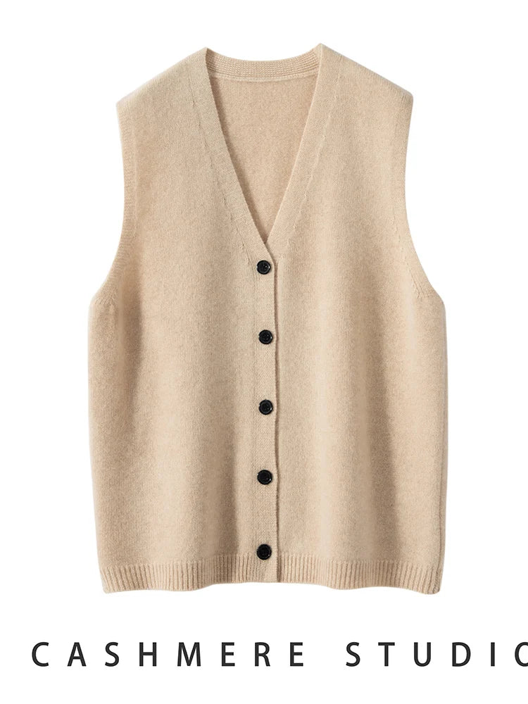 Women Cashmere Sweater Waistcoat Cardigans Vests 100% Cashmere Knitwear Autumn Winter Classics Sleeveless V-neck Office Lady Top