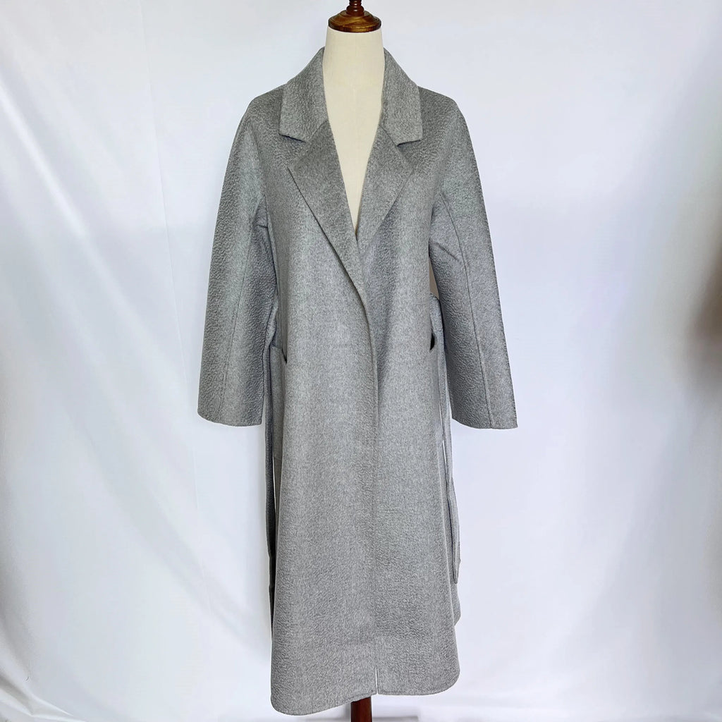 Cashmere Coat Female Winter Mid-Length Corrugated Coat Black Wool Coat Woman Autumn New Casual Fashion Red Beige Lace-Up Coat