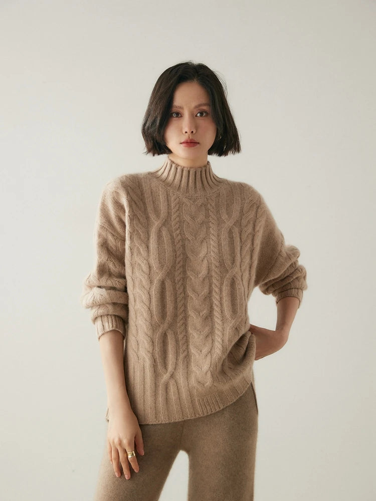 Women 100% Cashmere Sweater Mock Neck Pullover Cable Knitting Vintage Loose Style Thickened Cashmere Knitwear Autumn Winter Tops
