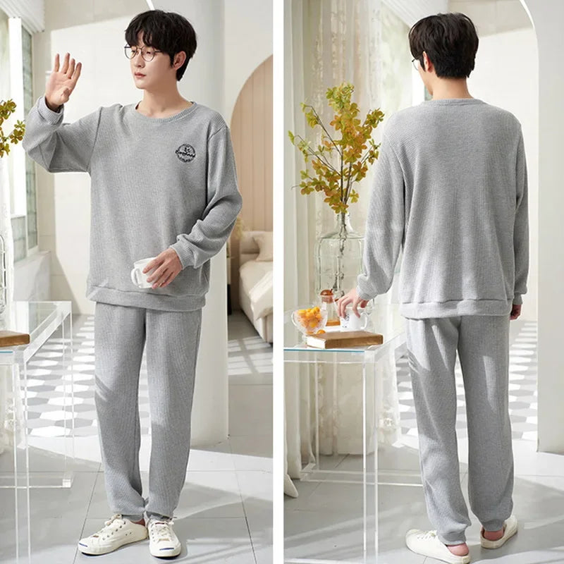 Men's Clothes Fall and Winter Pajamas Cotton Waffle Fashion Solid Color Comfortable Elastic Loungewear Homewear Youth Sleepwear