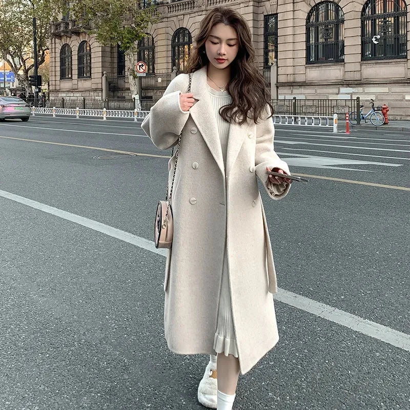 100% Wool Coat Women's Wear 2024 Autumn/Winter Fashion Temperament Double sided Cashmere Coats with Belt Elegant Long Overcoat