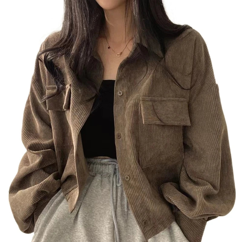 Autumn Casual Button Outwear Top with Pockets Retro Versatile Turndown Collar Long Sleeved Jacket for Women Street Loose Coat