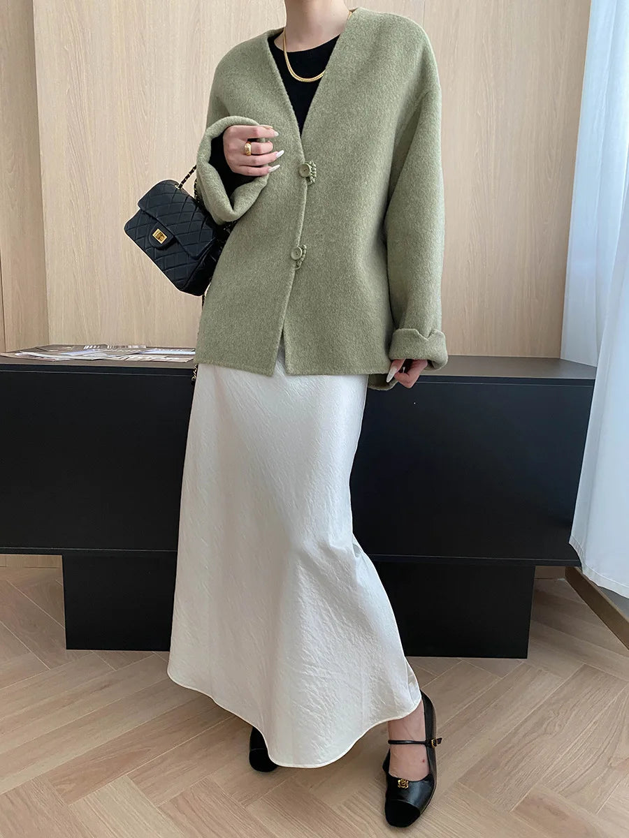 Winter women's casual solid color V-neck double-sided woolen coat jacket