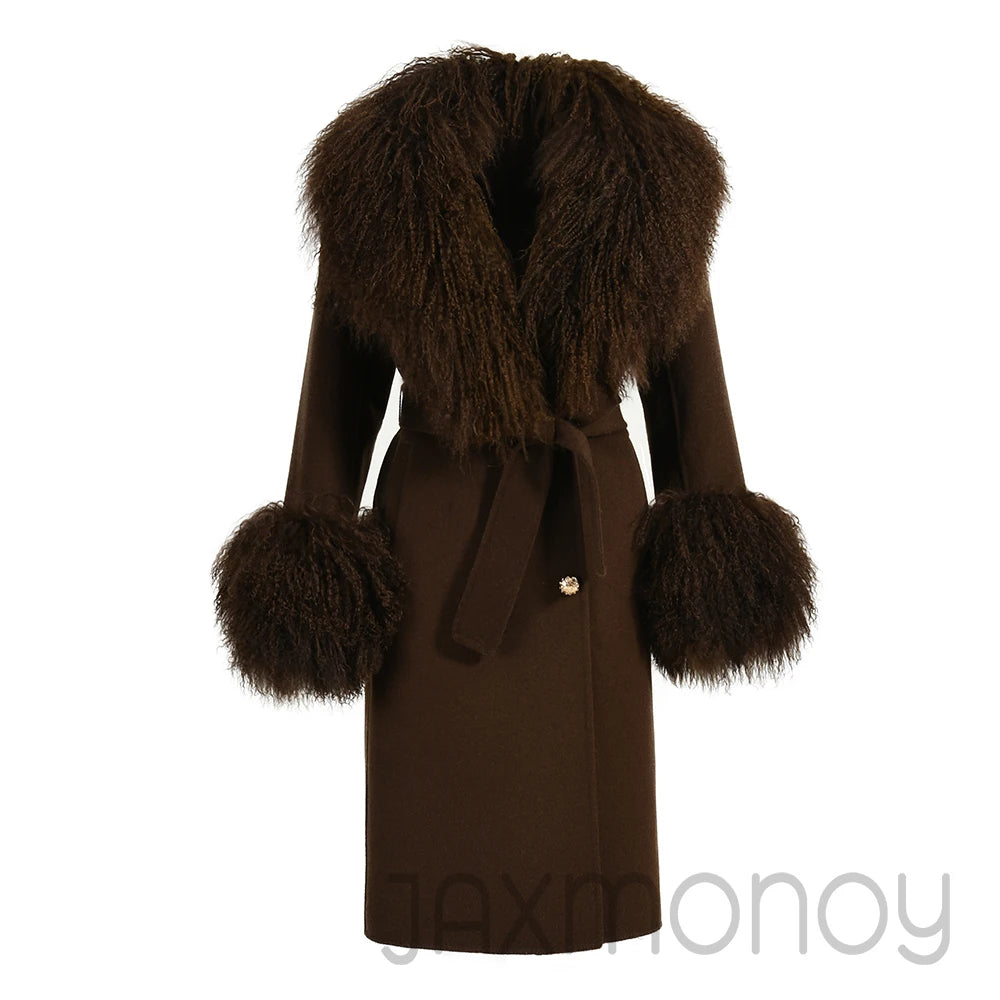 Women Cashmere Wool Coat With Real Mongolian Sheep Fur Collar  Ladies Autumn Winter Fashion Long Outwear Full Sleeve Fur Jacket