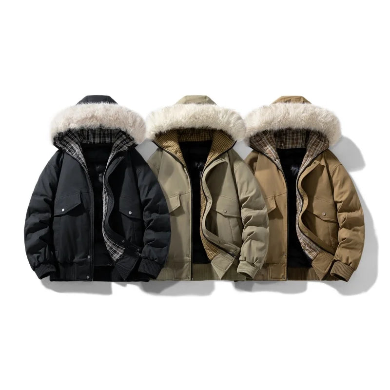 Men's Winter Jacket Woolen Collar Cotton-padded Jacket Outdoor Thickened Hooded Jacket Casual and Windproof Jacket for Teenagers