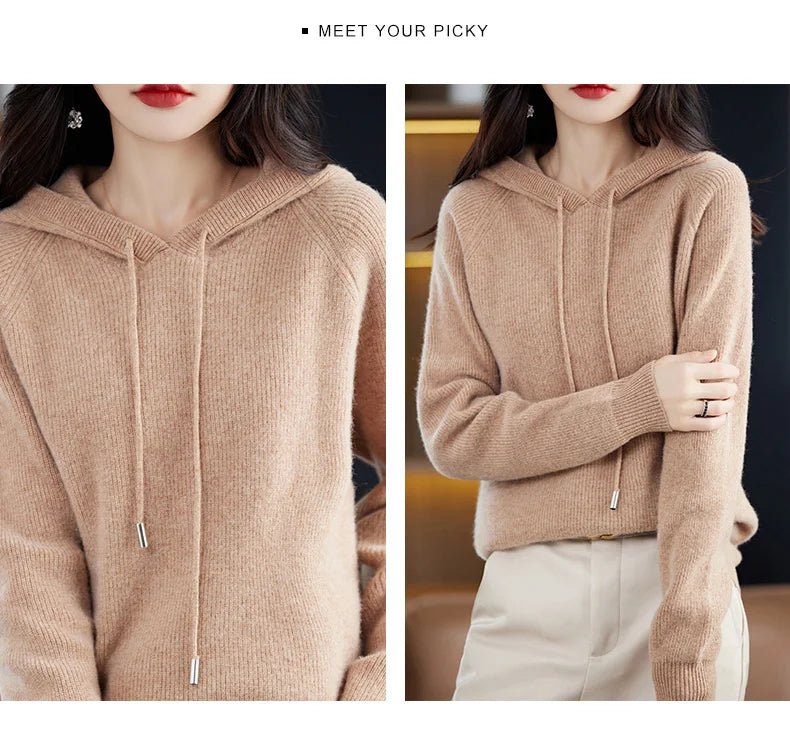2023 New Cashmere hooded sweater Women Long Sleeve Autumn and Winter Knit hooded Pullover Solid Color Cashmere Base