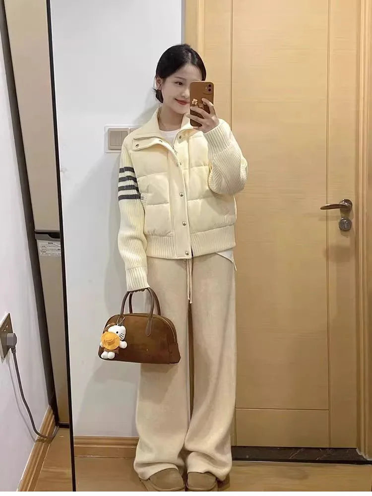 Women's Coat Winter 2024 Fashion Knitted Long Sleeve Splicing Cotton Jacket Autumn Sports Leisure Parka Female Short Top Outwear