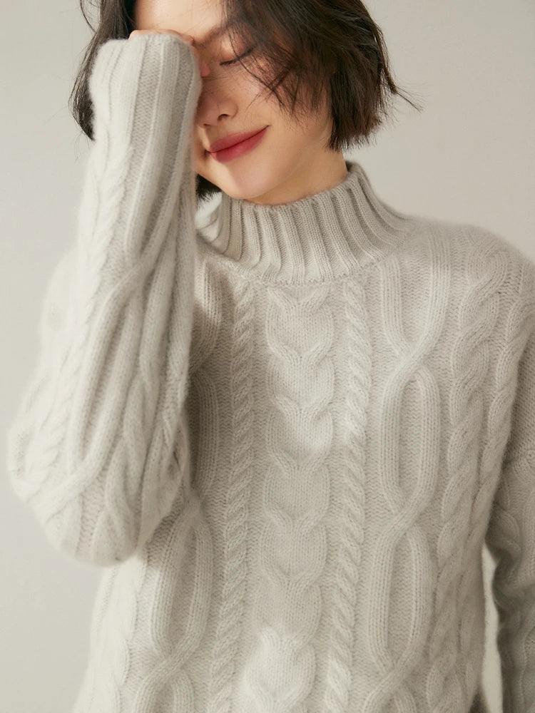 Women 100% Cashmere Sweater Mock Neck Pullover Cable Knitting Vintage Loose Style Thickened Cashmere Knitwear Autumn Winter Tops