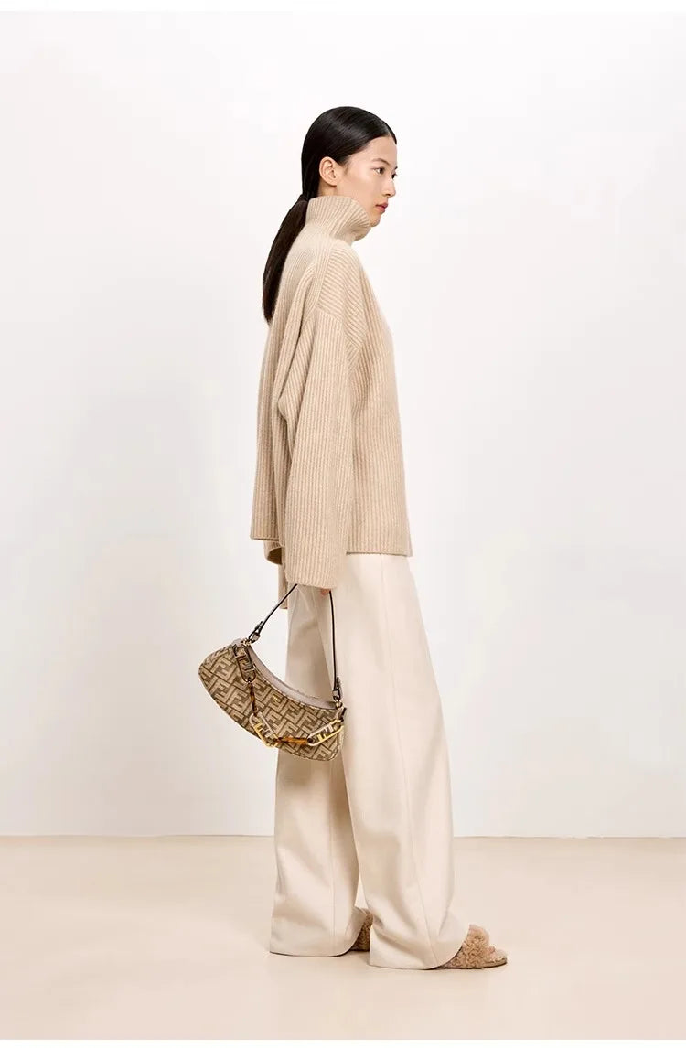 Women's High-Necked Cashmere Sweater Loose Padded Bottoming Pullover Autumn Winter Warm Lazy Wind Style 100% Pure Wool