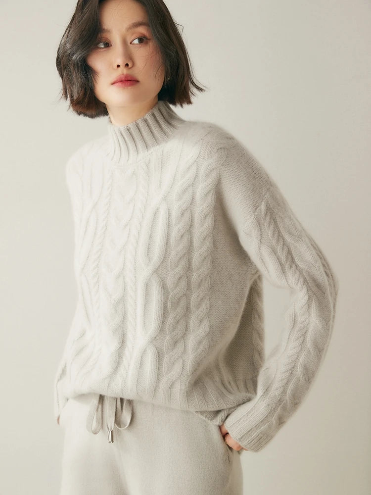 Women 100% Cashmere Sweater Mock Neck Pullover Cable Knitting Vintage Loose Style Thickened Cashmere Knitwear Autumn Winter Tops