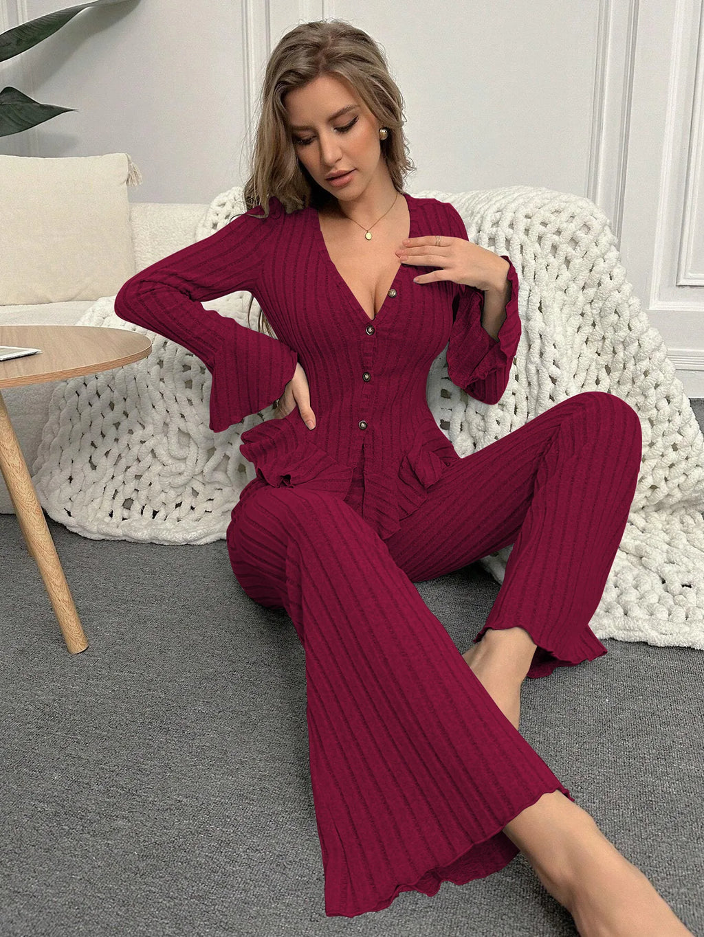 Women Sleepwear Autumn Winter Sexy Pajamas Sets Two Pieces V Neck Long Sleeve Tops and Trousers Set Loungewear Home Clothes