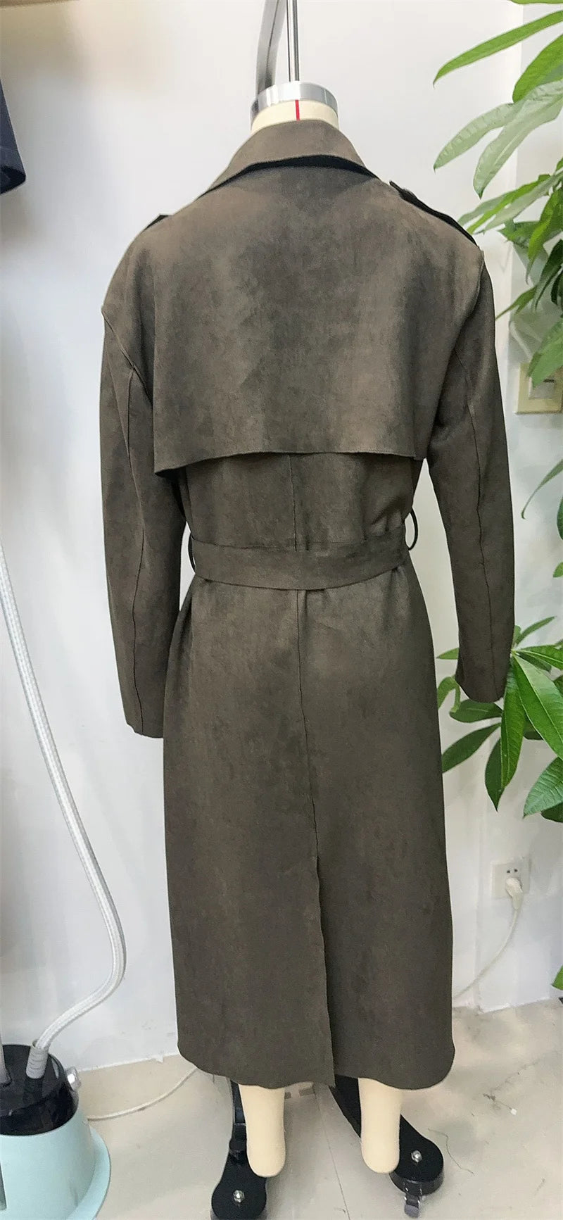 Women's Trench Coat 2025 Autumn New Style Military Green Long Sleeve Suede Effect with Belted Decoration Long Coat Stylish